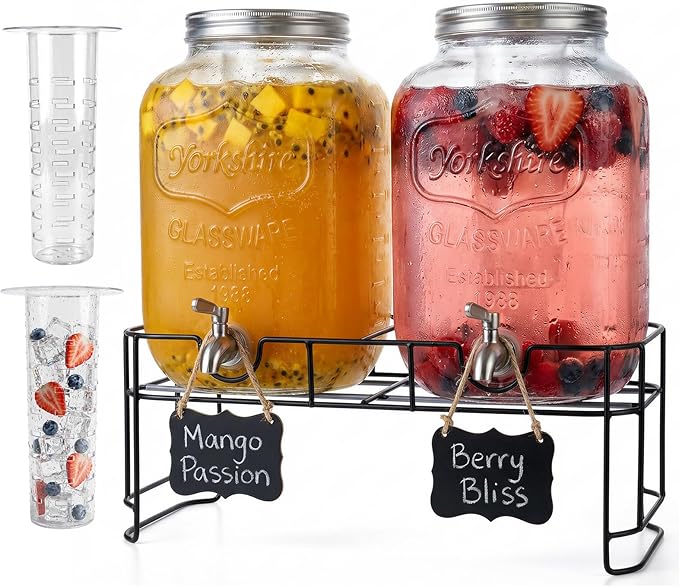 DD&HAPP 2 Gallon Glass Drinks For Parties With Stand.Stainless Steel Spigots & Metal Stand,Large Capacity Beverage Dispenser for Party,Infused Water,Iced Tea,Lemonade,Outdoor,Commercial Use.