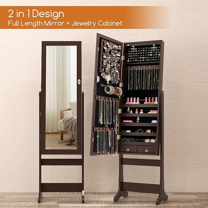 Giantex 2 LEDs Standing Jewelry Cabinet with Full Length Mirror, Lockable Mirrored Jewelry Armoire with 2 Drawers, 4 Adjustable Angles, Jewelry Storage Organizer, Brown