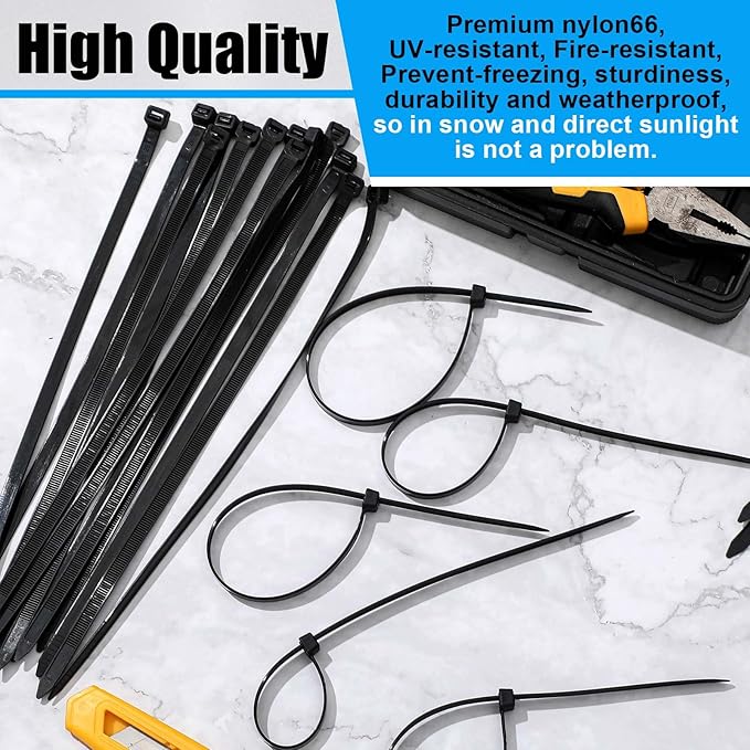 1000 Pcs 12 Inch Zip Ties Heavy Duty 120 Lbs Tensile Strength Black Nylon Wire Cable Ties for Indoor Outdoor