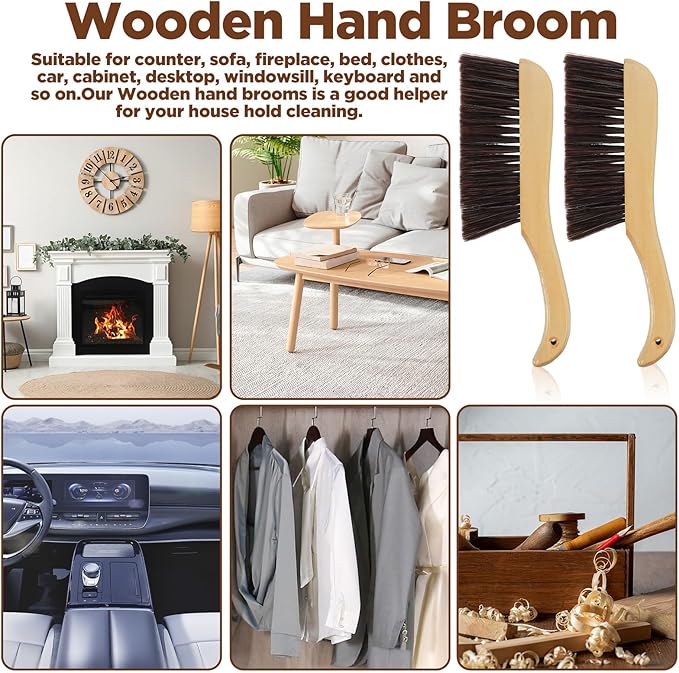 6 Pieces Wooden Hand Broom, Soft Bristle Dust Brush with Long Wood Handle, Cleaning Brush for Furniture, Car, Sofa, Bed, Fireplace, Bench, Counter, Clothes, Household Cleaning, Brown