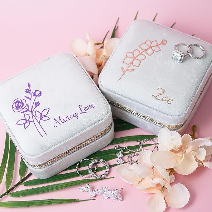 Customizable Compact Velvet Jewelry Box with Mirror, Travel Jewelry Case, Travel Jewelry Organizer, Jewelry Box for Women and Girls, Small Jewelry Organizer (Flower Design, Milky Gray)