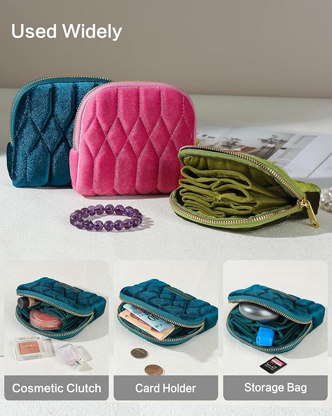 Small Travel Jewelry Case, Mini Travel Jewelry Bag with Zipper, 5-Layer Velvet Organizer Pouch for Bracelet Rings Earrings - Diamond Stitched Velvet Moss Green