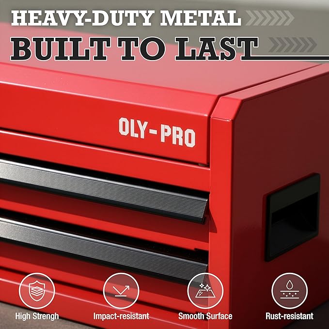 Mini Toolbox with 2 Drawers and Top Storage, Durable Steel Construction with Ball-Bearing Slides, Multi-Purpose Portable Tool Boxes Case Organizer for Garage, Red