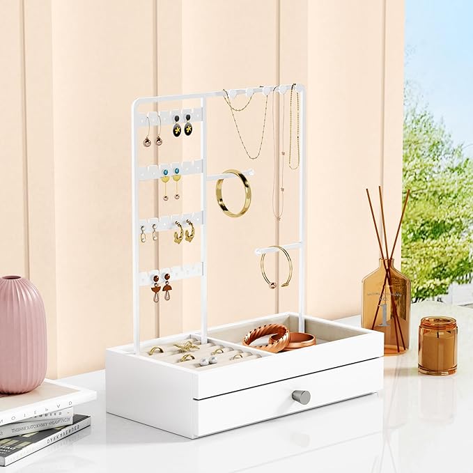 White Jewelry Organizer Stand Stud Earring Holder, Necklace Display Stand with Drawer, Jewelry Tower Tree for Bracelets Rings, Birthday Valentines Day Gifts for Her Teen Girls Women Wife