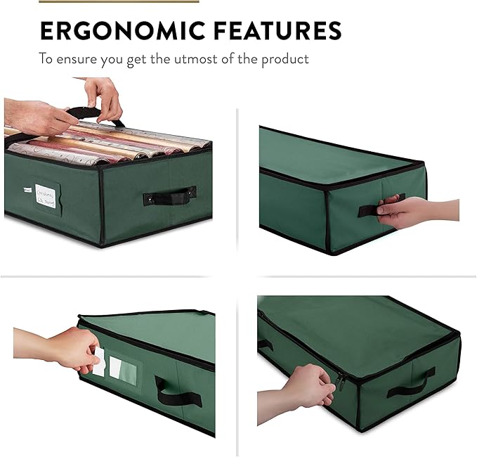 ZOBER Gift Wrapping Paper Organizer Storage - 40" Gift Wrap Storage Containers with Interior Pockets for Bows, Tags & Ribbons - Wrapping Paper Holder, 600D Oxford, Fits 24 Standard Rolls, Green/Black