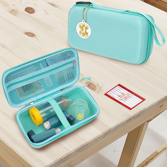 MGZNMTY Travel Carrying Case Compatible with Asthma Inhaler Spacer for Adults and Children, Masks, Inhaler Holder with Asthma Alert Tag and Medical Card, Carabiner (Only Case) (Green)