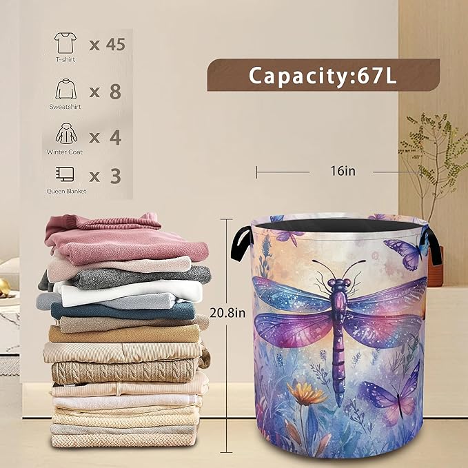 Dragonfly Butterfly Laundry Hamper,Collapsible Laundry Baskets,Colorful Wild Flowers Dirty Clothes Baskets with Handles,Oxford Cloth Hamper for Bedroom,Bathroom,College Dorms, 16"x20"