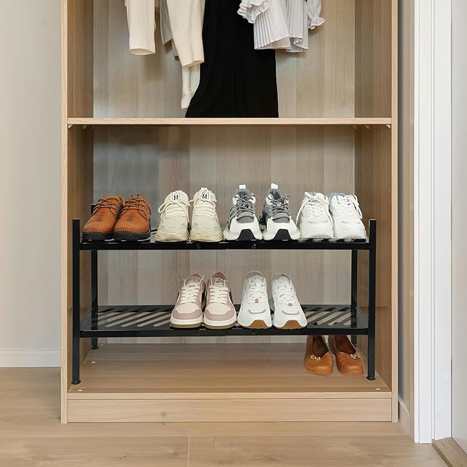 Shoe Rack - Metal Shoe Organizer 2 Tier Shoes Shelf Storage, 35 Inches Stackable Long Show Stand Holder for Closet, Entryway, Garage, Floor, Door Entrance, Black
