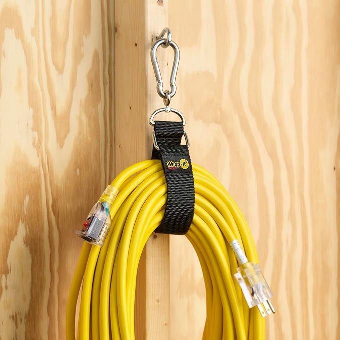 Hook 'n Hang Wrap-It Storage Straps - 18" (2-Pack) Black - Carabiner Straps to use as an Extension Cord Holder with Hooks