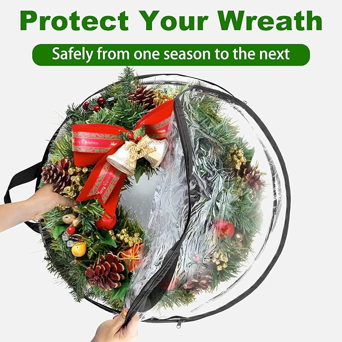SHUESS 5 Pack Clear Wreath Storage Bags, 24 x 8 Inch Christmas Wreath Storage Container, Heavy Duty PVC Wreath Protector with Dual Zippered and Reinforced Handle for Holiday Seasonal Wreath Garland