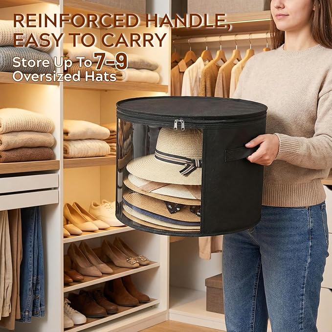 Ofiray-home 2 Pack Large Clear Hat Storage Boxes, Hold up to 7-9 Hats, Hat Organizer for Closet, Sturdy & Foldable, Hat Box with Carrying Handles for Round Brim, Wide-Brim, Cowboy, Sun Hat (Black)