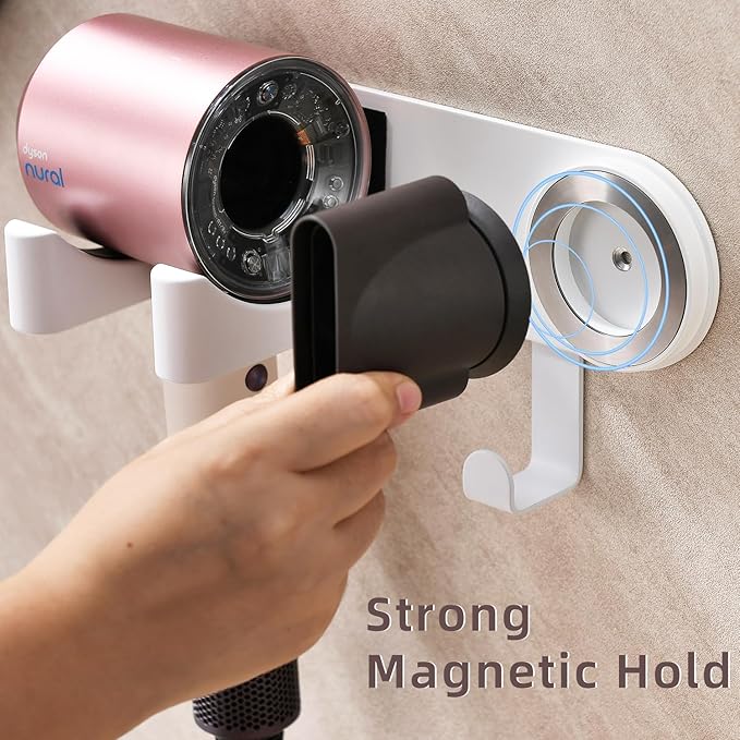 Hair Dryer Holder Wall Mounted, Blow Dryer Holder with Strong Magnet, Dyson Hair Dryer Holder Adhesive Aluminum Alloy Organizer for Bathroom White UEMUSI