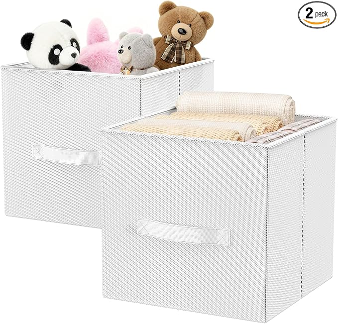 Fabric Storage Bins, Foldable Storage Cubes Baskets with Handle for Organizing, Collapsible Bins Cube Organizer Baskets for Closet, Shelves, Clothes, Towel (White, 2 Pack)