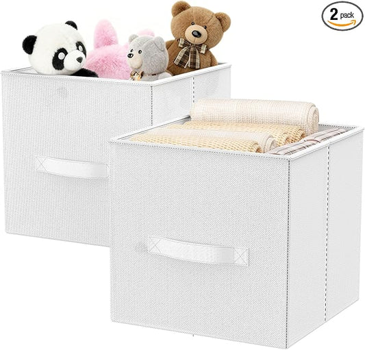 Fabric Storage Bins, Foldable Storage Cubes Baskets with Handle for Organizing, Collapsible Bins Cube Organizer Baskets for Closet, Shelves, Clothes, Towel (White, 2 Pack)