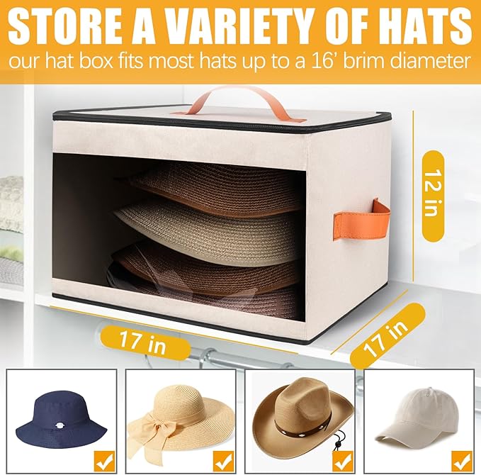 Upgraded Hat Storage Box for Women & Men,Closet Hat Boxes Organizer Bag with Dustproof Lids,Cowboy Hat Box,Hat Carrier Case For Travel（beige）