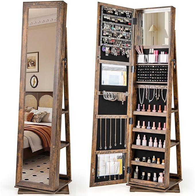 CHARMAID 3-in-1 Jewelry Armoire with Full Length Mirror, 360° Swivel Lockable Jewelry Cabinet with Shelves, Freestanding Mirror Organizer for Earrings, Necklaces, Rings, Makeup (Vintage Brown)