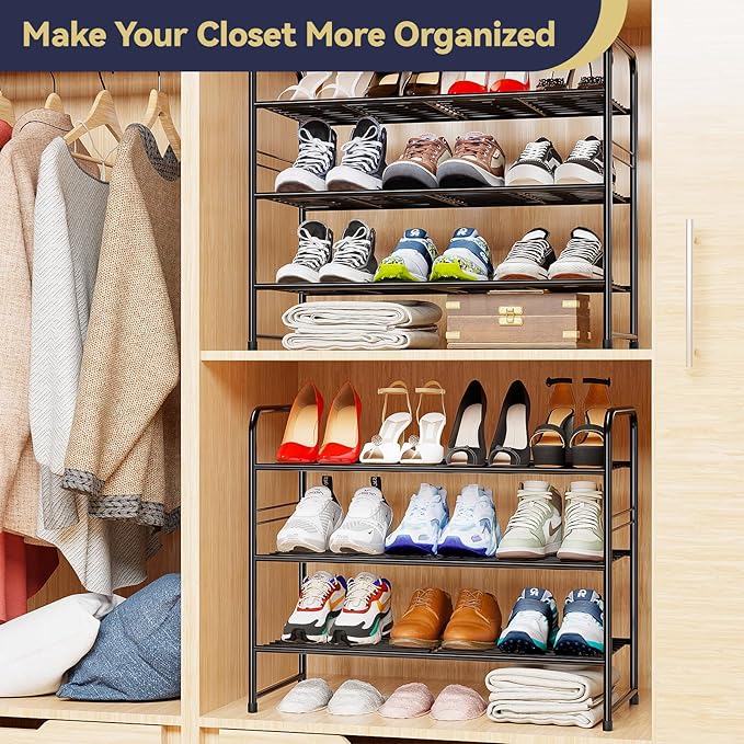 Shoe Rack, Closet Metal Wire 3 Tier 27”Long Shoe Organizer Shelf for Entryway,Stackable, Black