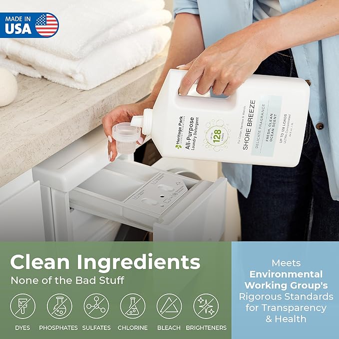 Heritage Park Luxury Laundry Detergent | Dermatologist Tested Plant based Natural & Enzyme Laundry Detergent | Sensitive Skin Friendly - Shore Breeze (64 fl oz)