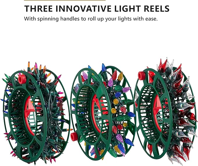 ZOBER Christmas Light Storage Reels - Christmas Light Organizer with 3 Plastic Wheels - 600D Oxford Fabric - Fits 200 Mini Lights per Spool, Lights Storage - Stitched Reinforced Handles - Green