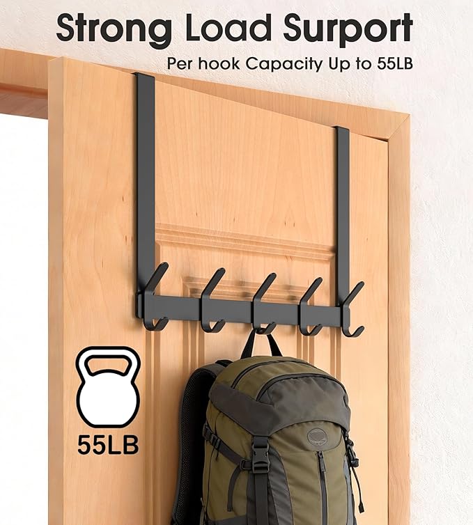 Long Over The Door Hooks Hanger with 15.75" Arms for Easier Access by Shorter, J16U, Perfectly Fits US Standard 1 3/4-inch Doors, Towel Rack Bathroom Organizer Holder, Rustproof, Black