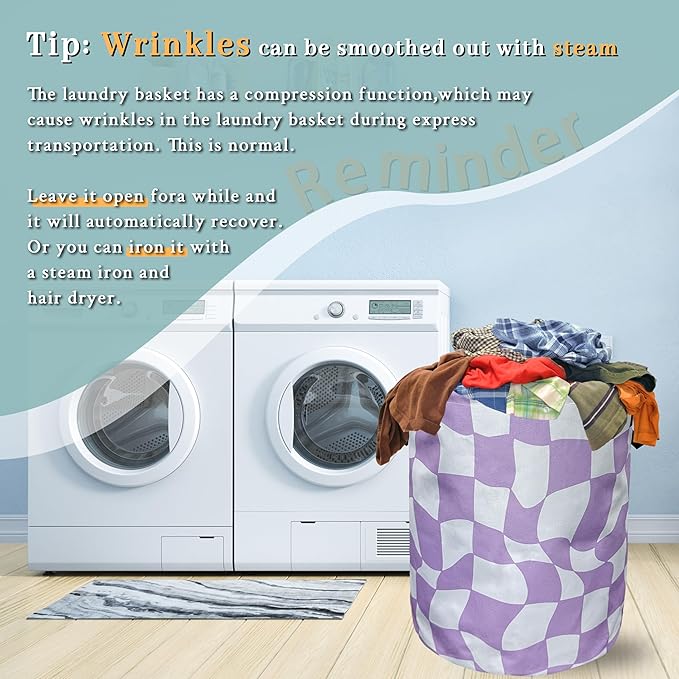 Funny Purple Checkerboard Laundry Basket With Handles Oxford Cloth Tote Bag Colorful Laundry Hamper 18.9" x 16.5 "Foldable Clothes Storage Bucket Toy Organizer For Bathroom/Laundry/Bedroom