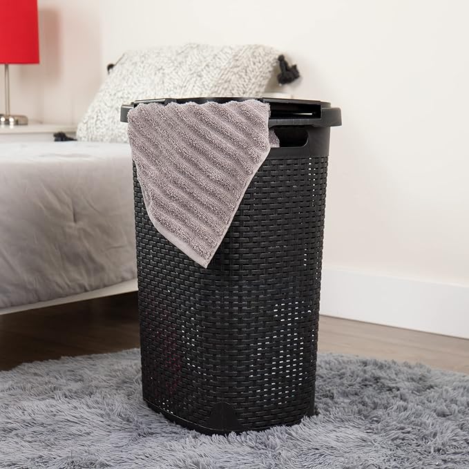 Mind Reader Slim Laundry Hamper with Lid, 60L Clothes Baskets, Premium Wicker Design, Plastic, 2-Pack, Black