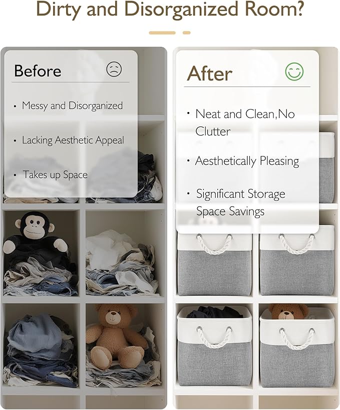 11 Inch Storage Cubes 6-Pack, Foldable Fabric Organizer Bins with Rope Handles, Cube Storage Baskets for Closet Shelves and Home Organization(White/Gray)