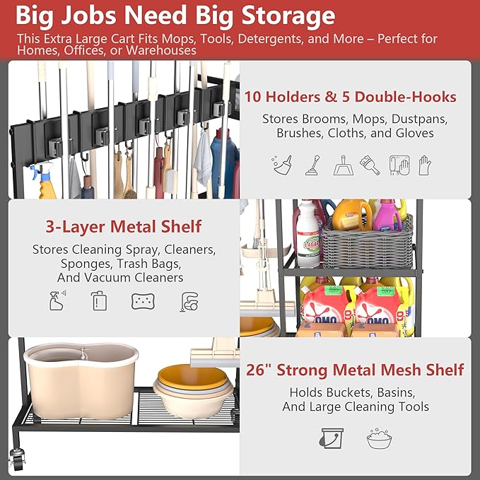 GIOTORENT Metal Cleaning Cart with Wheels - Rolling Broom Holder & Supplies Organizer, 10 Adjustable Clips, 5 Double-Hooks, 3-Tier Shelves, Brakes for Home, Commercial, Black