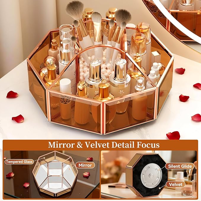 360° Rotating Makeup Organizer Spinning Vanity Organizer with Makeup Brush Holder for Countertop, Bathroom Storage, Skincare, Perfume & Cosmetic Organizer for Vanity Amber