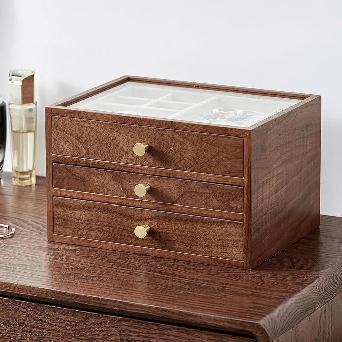 CHOSIN Black Walnut Wooden Jewelry Box for Women, 3-Layer Wood Jewelry Organizer with Glass Lid for Watches, Necklaces, Rings & Earrings Storage Valentine's Day Gifts