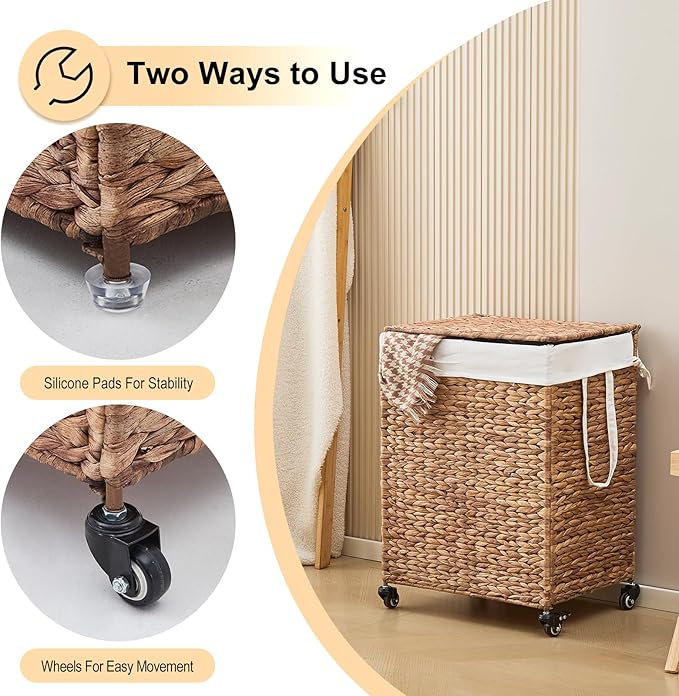 2-Section Laundry Hamper with Lid, Large Capacity Woven Natural Water Hyacinth Laundry Sorter with Removable Liners, Rolling or Non-Slip Design for Bedroom (Espresso, 2-Section)