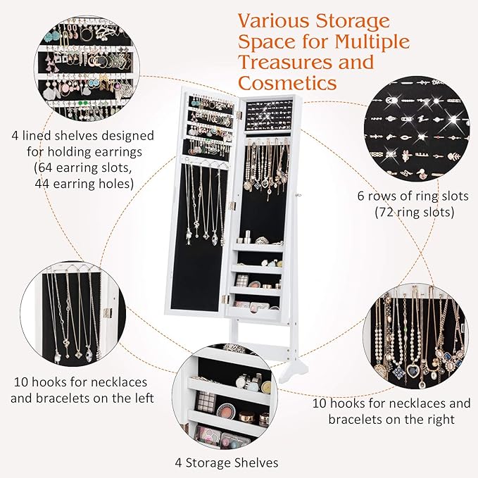 GOFLAME Jewelry Cabinet, Jewelry Organizer with Full Length Mirror Door, Standing Makeup Mirror Cabinet, Freestanding Jewelry Organizer with Large Storage Capacity (White)