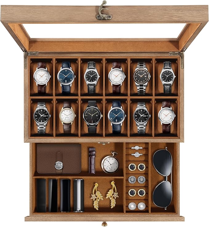 Uten 12-Slot Watch Box, 2-Layers Solid Wood Watch Display Case with Glass Lid, Watch Holder Organizer with Soft Pillow and Velvet Lining, Watch and Jewelry Storage Box, Brown