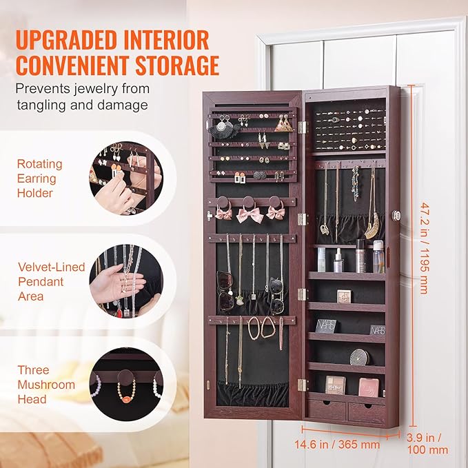 VEVOR Mirror Jewelry Cabinet, 47.2-Inch Tall Lockable Jewelry Armoire with Full-Length Mirror, Wall/Door Mounted Organizer with LED Lights and Velvet Lining, Brown