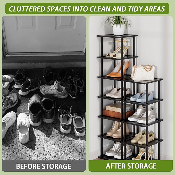 Vertical Tall Shoe Rack Organizer for Entryway -12 Tier Free Standing Slim Narrow Bamboo Wood Corner Stackable Shoe Boots Storage Stand Small Spaces for Closet Garage Cloakroom Living Room (Black)