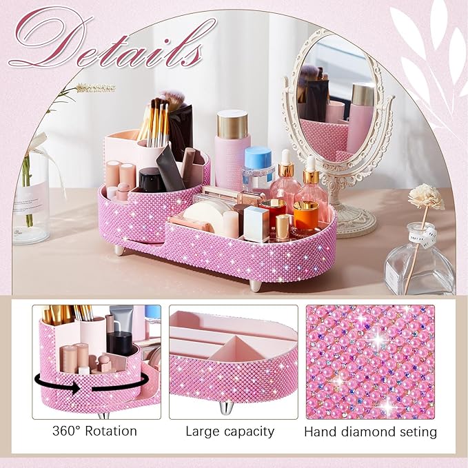 Teen Girls Women Gift 360 Rotating Bling Makeup Organizer Large Rhinestone Diamond Bathroom Organizer Girly Skin Care Brush Holder for Countertop,Bathroom Essentials(Pink,Pearl Rhinestone)