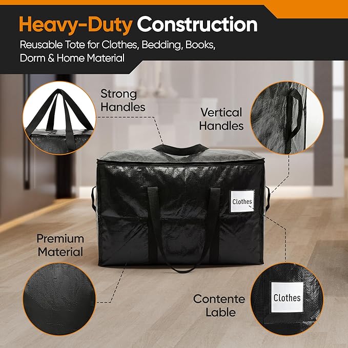 HOLDN’ STORAGE Extra Large Moving Storage Bag with Zipper Lid, Heavy Duty Reusable Tote for Clothes, Bedding, Books, Dorm & Home, Pack of 10 (Extra Large)