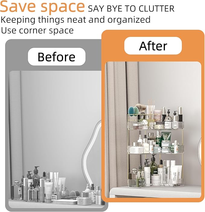 Makeup Organizer Countertop 3 Tier, Corner Bathroom Countertop Organizer with Toothbrush and Makeup Brush Holder, Corner Vanity Tray for Skincare Organization