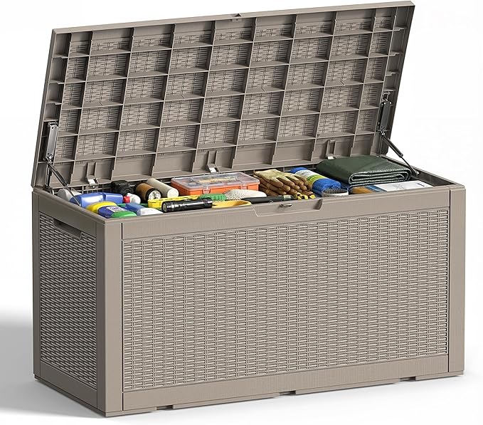 Vixzen 120 Gallon Waterproof Large Deck Box, Lockable Resin Outdoor Storage Box with Hydraulic Lid, Durable Storage Bin for Patio Furniture Cushions, Garden Tools, Pool Accessories, Gray