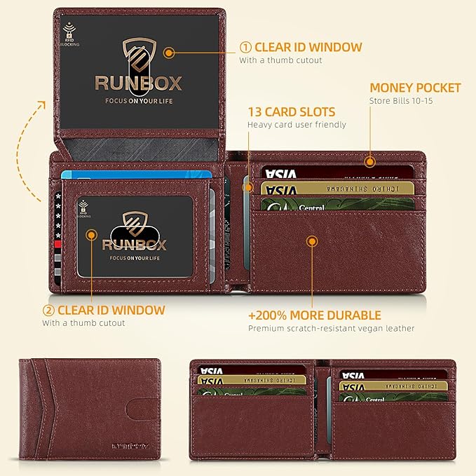 RUNBOX Wallet for Men Slim Rfid Leather 2 ID Window With Gift Box | Slim, Rfid, 2 ID Window, With Gift Box, Slim, Rfid