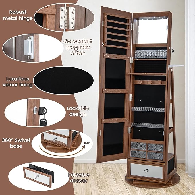 GOFLAME 360 Rotating Jewelry Cabinet with Full Length Mirror, Standing LED Jewelry Armoire, Lockable Organizer with Hair Dryer Rack, Back Storage Shelves, Inner Makeup Mirror, Walnut