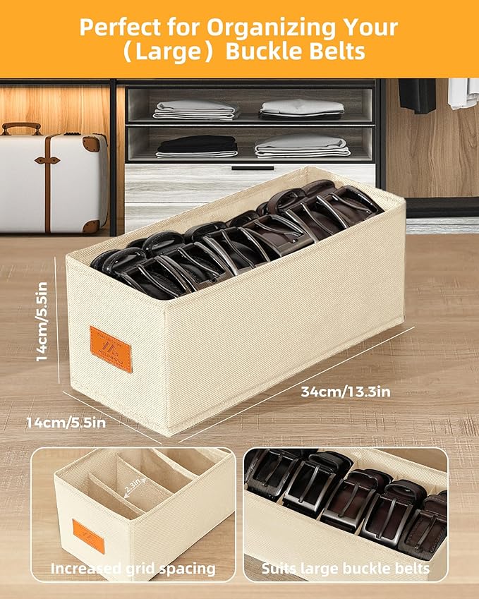 4 PCS Belt Organizer for Closet, 6 Grids Belt Holder, Washable Belt Box, Foldable Tie Organizer for Men, Belt Storage for Drawer (Beige, 13.38inch)