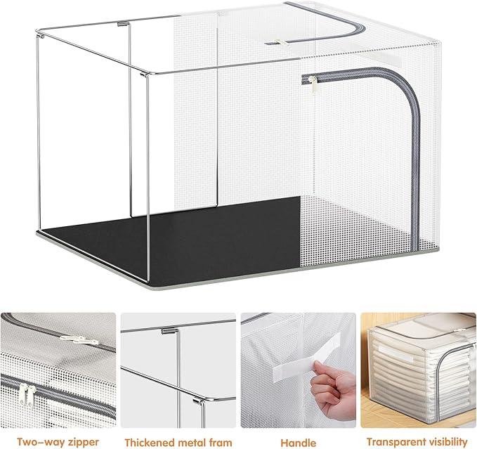 Large Size 66L 3 Pack Clothes Storage Bin with Metal Frame, Stackable & Foldable Box with Lids, Closet Organizers And Storage For Bedding, Cap, Sweater (Fully Transparent)