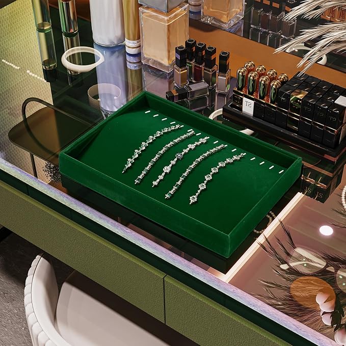 16 Slots Necklace Bracelet Tray Velvet Jewelry Trays Jewelry Drawer Organizer for Necklace, Bracelets, Watch Storage Display (Green)