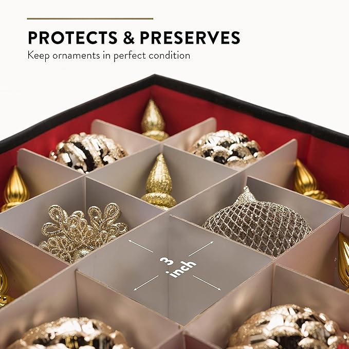 ZOBER Christmas Ornament Storage Box - Stores 128 3" Ornaments with Individual Trays - Tear Proof 600D Oxford Fabric - ornament organizer storage box, Durable Christmas Containers Holder - Red