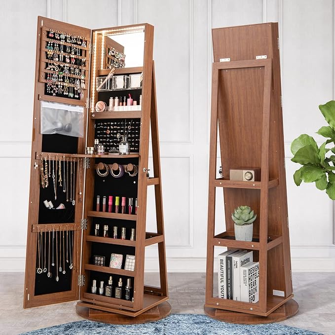 GOFLAME 360° Rotating Jewelry Cabinet with Full-Length Mirror, Freestanding Jewelry Armoire with 3-Color LED Light and Back Storage Shelf, Lockable Jewelry Organizer for Bedroom Cloakroom, Walnut