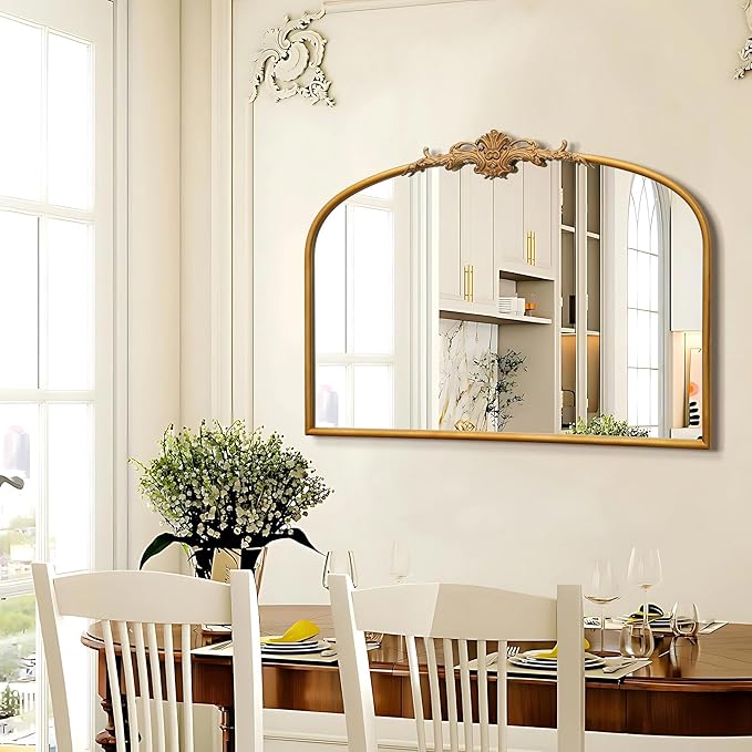 Besdomus Antique Arched Gold Mirror: 32"x24" Large Gleaming Gold Antique Wall Mounted Mirror - Baroque Traditional Ornate for Fireplace/Bathroom/Bedroom - Wall Decor for Homemakers