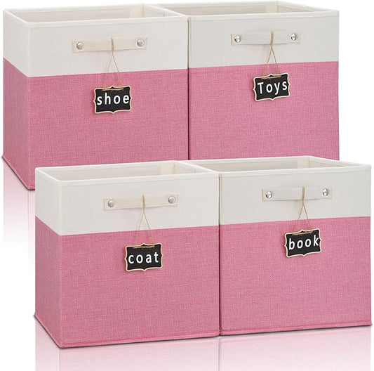 Foldable Fabric Storage Cubes, 11x11x11, 4 Pack with Labels, Linen Kallax Storage Organizer Bins (White, Pink)