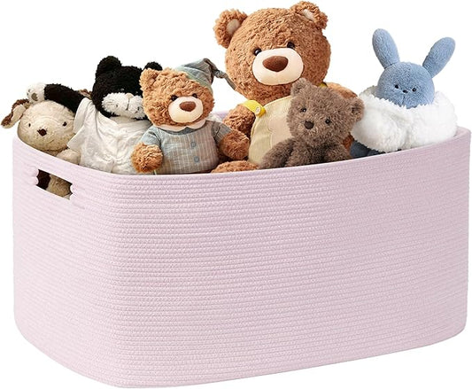 72L Large Baby Girls Laundry Basket for Nursery Storage,Cute Woven cotton Rope Baskets for Kids Toy，Gifts, Boho Square Wicker Blanket hamper for Living Room,Bedroom Dirty Clothes,Pink