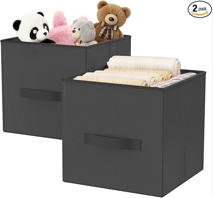 Fabric Storage Bins, Foldable Storage Cubes Baskets with Handle for Organizing, Collapsible Bins Cube Organizer Baskets for Closet, Shelves, Clothes, Towel (Gray, 2 Pack)
